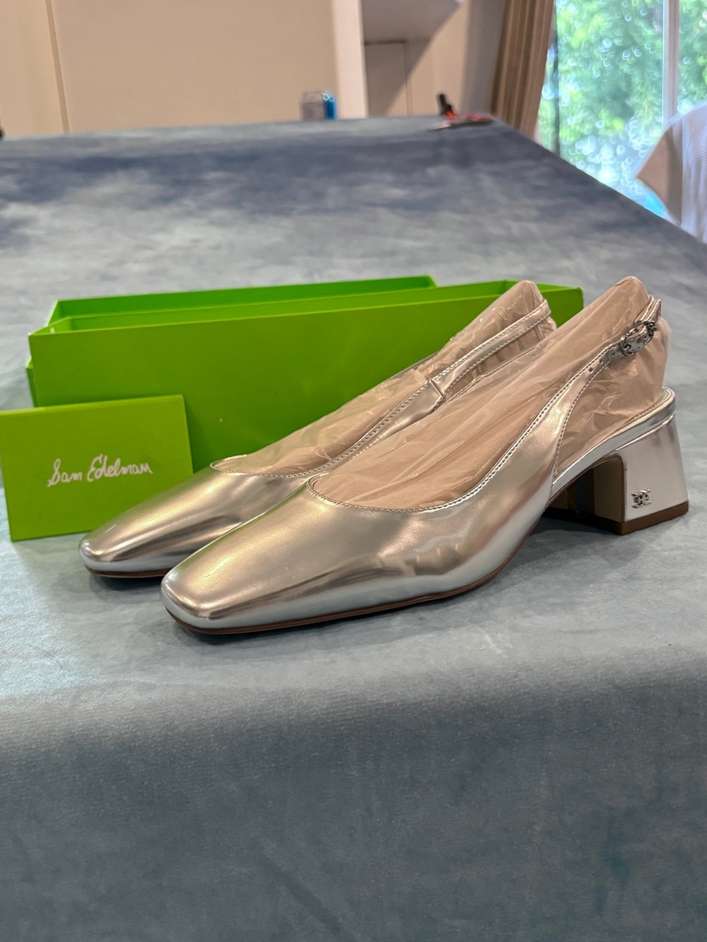 NWT Sam Edelman Terra Silver Metallic leather Slingback Block Heels Size 7 - Picture 2 of 4